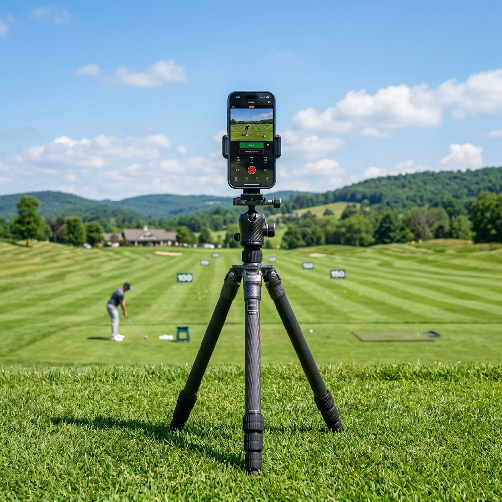 Driving range setup with a phone positioned for golf shot capture